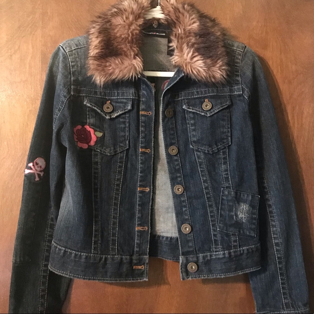 DKNY Blue Denim Jacket w/Removable Faux Fur Collar